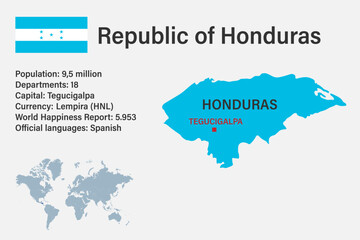 Highly detailed Honduras map with flag, capital and small map of the world