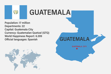 Highly detailed Guatemala map with flag, capital and small map of the world