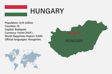 Highly detailed Hungary map with flag, capital and small map of the world