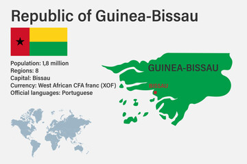 Highly detailed Guinea-Bissau map with flag, capital and small map of the world