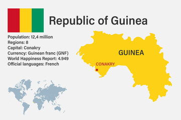 Highly detailed Guinea map with flag, capital and small map of the world