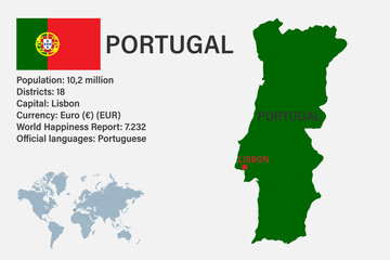 Highly detailed Portugal map with flag, capital and small map of the world