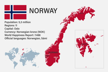 Highly detailed Norway map with flag, capital and small map of the world