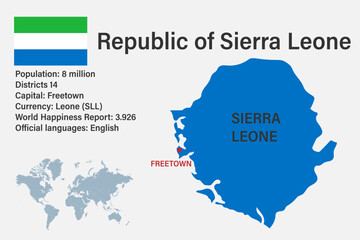 Highly detailed Sierra Leone map with flag, capital and small map of the world