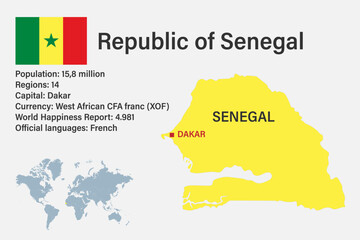 Highly detailed Senegal map with flag, capital and small map of the world