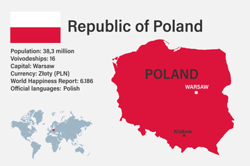 Highly detailed Poland map with flag, capital and small map of the world