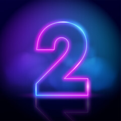 Purple vector neon tube number two with fog on dark background. Neon color glowing number