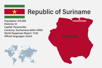 Highly detailed suriname map with flag, capital and small map of the world