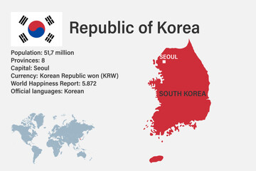 Highly detailed South Korea map with flag, capital and small map of the world