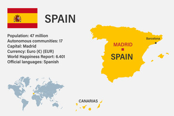 Highly detailed Spain map with flag, capital and small map of the world