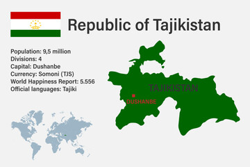 Highly detailed Tajikistan map with flag, capital and small map of the world
