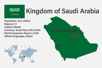 Highly detailed Saudi Arabia map with flag, capital and small map of the world