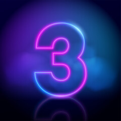 Purple vector neon tube number three with fog on dark background. Neon color glowing number