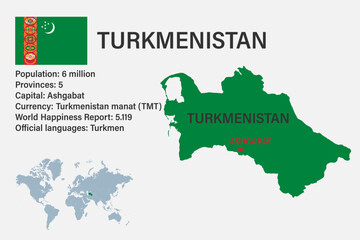 Highly detailed Turkmenistan map with flag, capital and small map of the world