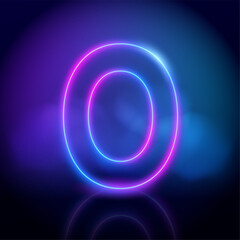 Purple vector neon tube number zero with fog on dark background. Neon color glowing number