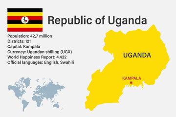 Obraz premium Highly detailed Uganda map with flag, capital and small map of the world