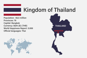 Highly detailed Thailand map with flag, capital and small map of the world