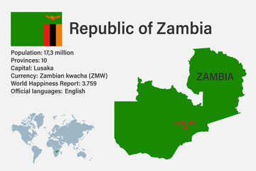 Highly detailed Zambia map with flag, capital and small map of the world