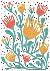 Colorful, bright summer retro background. Abstract pattern with leaves, flowers, figure with texture. trendy print with tulips in modern style. A4 size poster for print,  banner, postcard. vector art 