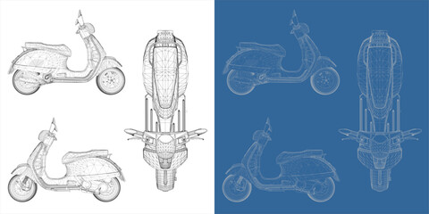 Retro Classic Motorcycle Scooter matic detailed vector illustration isolated white color wireframe blueprint