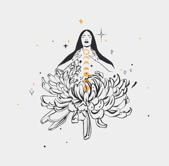 Hand drawn vector abstract,graphic magic witch woman,moon phases and stars in minimalistic modern line art style illustration.Moon and star outline design concept.Celestial witch sacred boho female. - 622249312