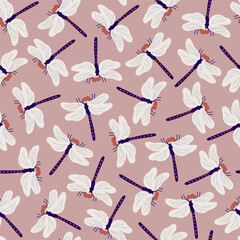 Seamless pattern with dragonflies on pink background. Dragonflies repeat pattern for textile, fashion, paper design. Colorful spring summer garden vector illustration.
