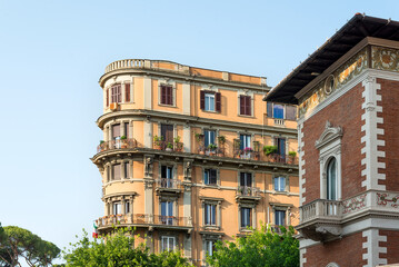 Renaissance balcony on a mediterranean building with shutters