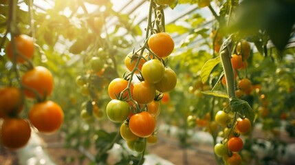 Ripe red organic tomato in greenhouse. Beautiful heirloom tomatoes
