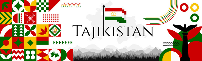 Tajikistan Independence Day abstract banner design with flag and map. Flag color theme geometric pattern retro modern Illustration design. Red and Green flag color template. © Hadducc