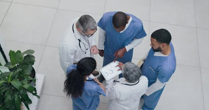 Teamwork, documents or top view of doctors in discussion for medical or healthcare feedback, review or results. Planning, documents or nurses in conversation with nursing workers meeting in hospital