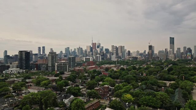 Dramatic Aerial Scenic Of Skyline At The City Of Toronto In Canada. wide shot