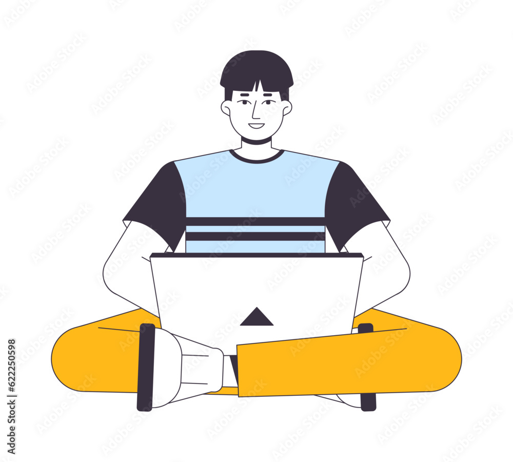 Poster asian man with notebook flat line color vector character. editable outline full body programmer with
