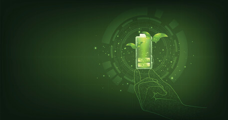 Green battery with leaves. Eco Green Energy Sign. Efficiency Recycle Electric Power Symbol. Futuristic battery charging power source concept. 3D illustration.	