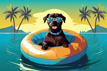 dog with sunglasses in swim ring beach background with palm trees illustration Generative AI