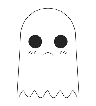 Unhappy cute ghost flat monochrome isolated vector object. Editable black and white line art drawing. Simple outline spot illustration for web graphic design