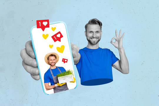Artwork collage of positive black white colors guy show okey symbol smart phone screen farm work like notification isolated on blue background