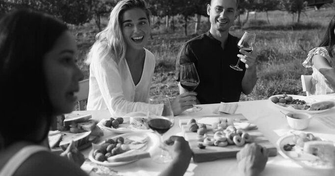 Happy adult people enjoy pic nic at wineyard - Multiracial friends eating outdoor and tasting red wine during summer time - Black and white editing
