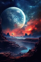 Abstract galaxy planet view colorful surrealism wallpaper background.