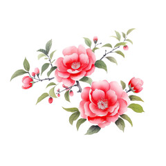 Traditional ink painting style camellia flower, Beautiful red blossom, summer flowers, generated ai.