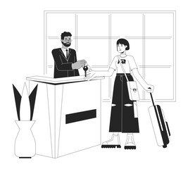 Hotel lobby check in bw vector spot illustration. Receptionist giving room key to asian tourist 2D cartoon flat line monochromatic characters for web UI design. Editable isolated outline hero image