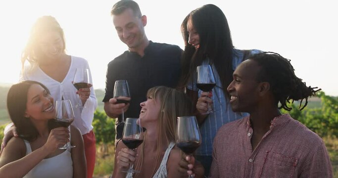 Multiracial friends having fun cheering with red wine - Happy adult people doing pic nic party at summer time in countryside resort with vineyard in background