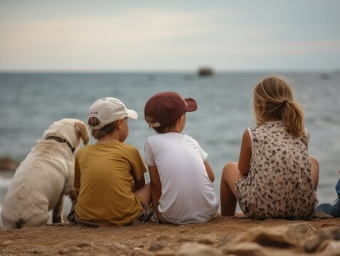 family on the beach，Back view of children and dog traveling by the sea, example of faceless characters, children on a summer trip, back view material seaside travel, INS photo, travel with a dog