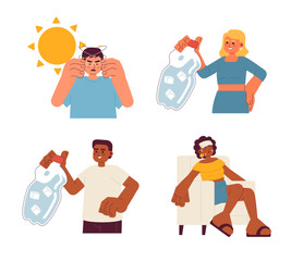 Overheated dehydration in summer flat concept vector spot illustration set. Heatstroke 2D cartoon characters on white for web UI design. Summertime heat wave isolated editable creative hero image pack