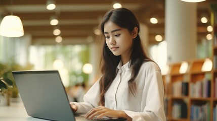 Fototapeta premium Young woman student study in the school library. She using laptop and learning online, Generative AI