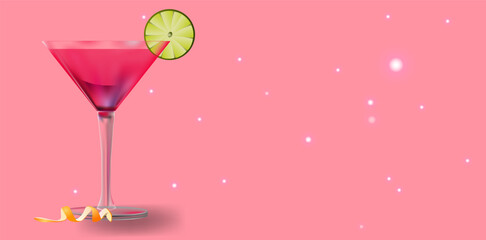 Margarita cocktail on pink background with glitter. Vector illustration for web and print use, for party invitations or menu design