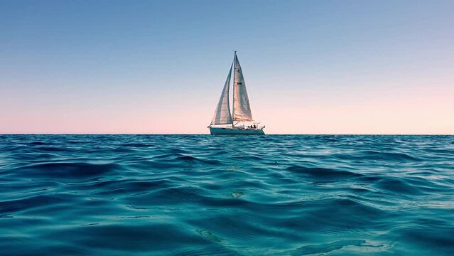 Slow-motion and low-angle sea-level view of small yacht boat sailing in calm open sea at sunset