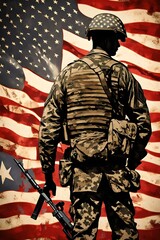 A vintage poster of a United States of America Soldier silhouette, against a tattered American flag in the background. (AI-generated fictional illustration)
