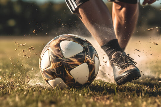 close up of soccer ball and football player foots ai generated art
