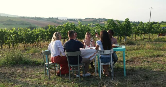 Happy multiracial people enjoy pic nic at wineyard - Adult friends eating outdoor and tasting red wine during summer time 