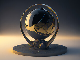 A gold and black sphere on a stand